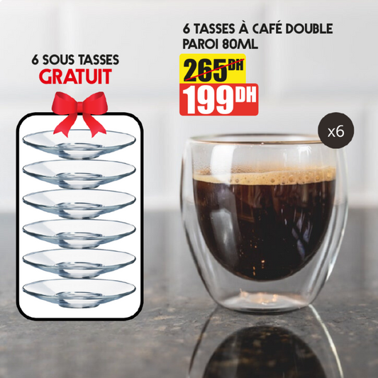 Lot de 6 Verres Double Paroi 80ml avec 6 Sous-tasses Transparents Offertes