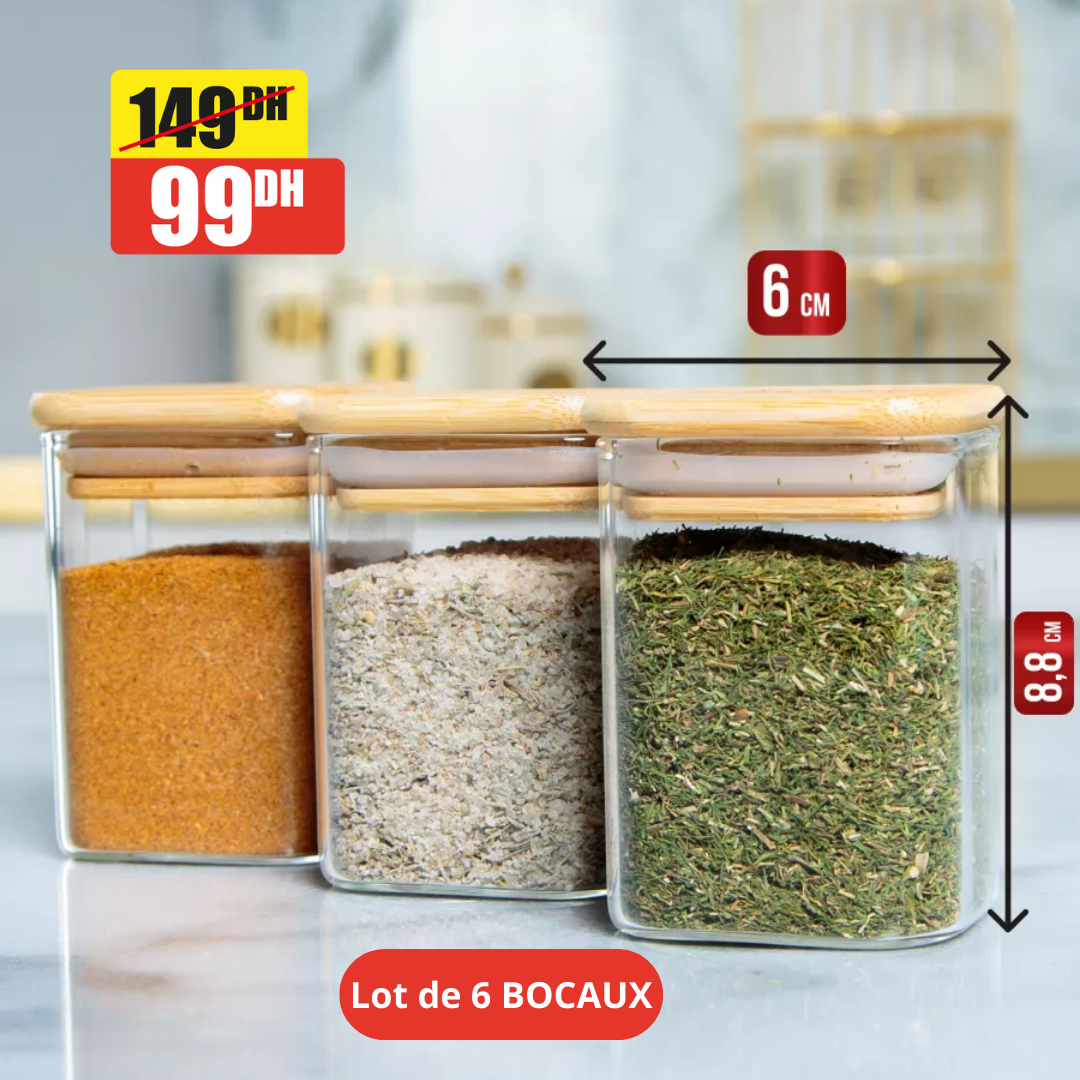 Lot de 6 pots à épices carrés avec couvercles, hermétiques 200 ml