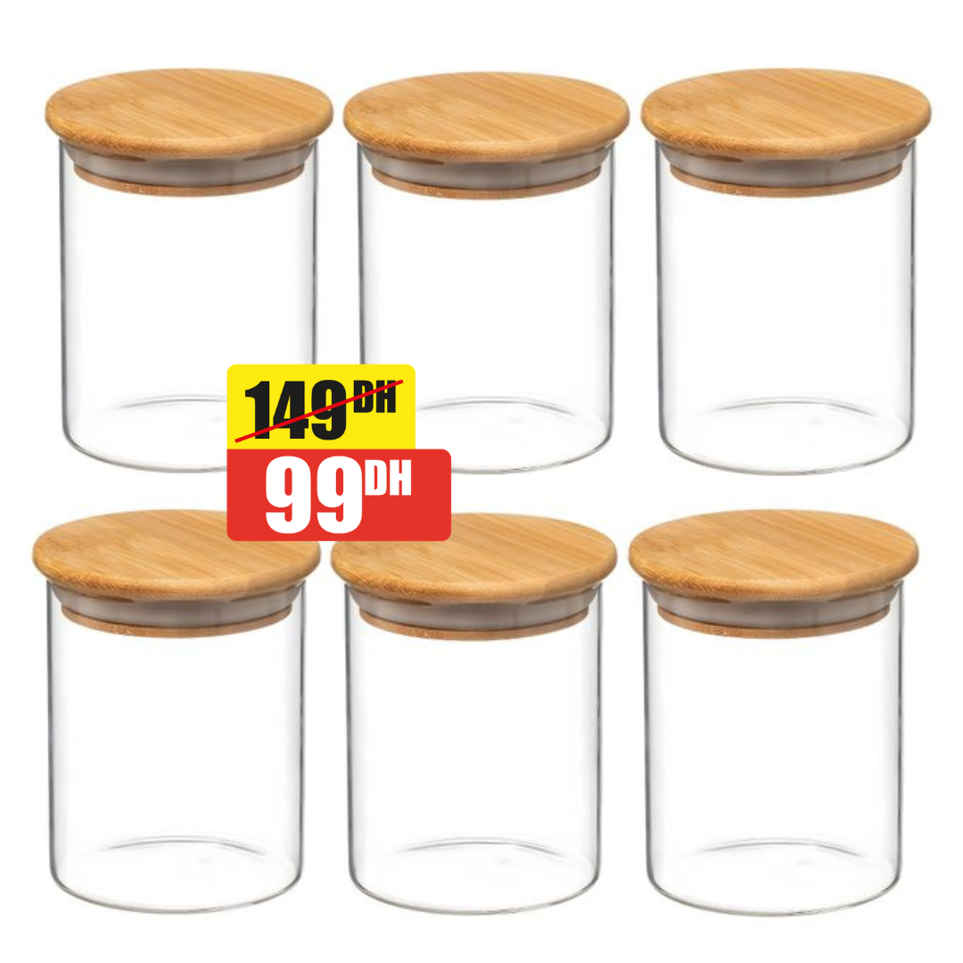 Lot de 6 bocaux en verre avec couvercles en bambou hermétiques pour épices 450ml