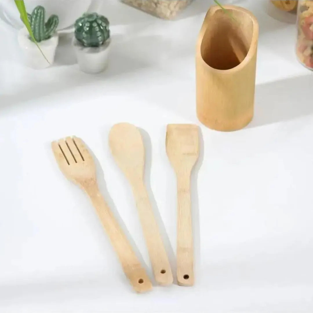 Ensemble de 3 Spatules en Bois avec Bambou et 1 Support